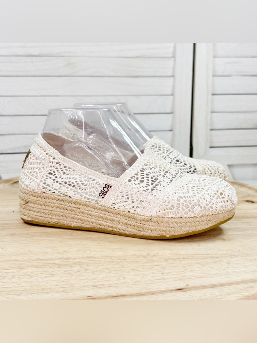 Bobs‎ Skechers Crochet Lace Espadrille Wedge Slip On Shoes Ivory Cream 7 Boho